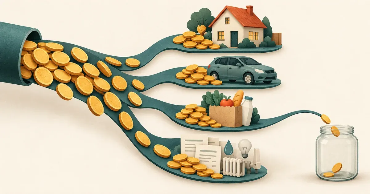 Coins divided between housing, a car, groceries and bills, with only a few reaching the savings jar.